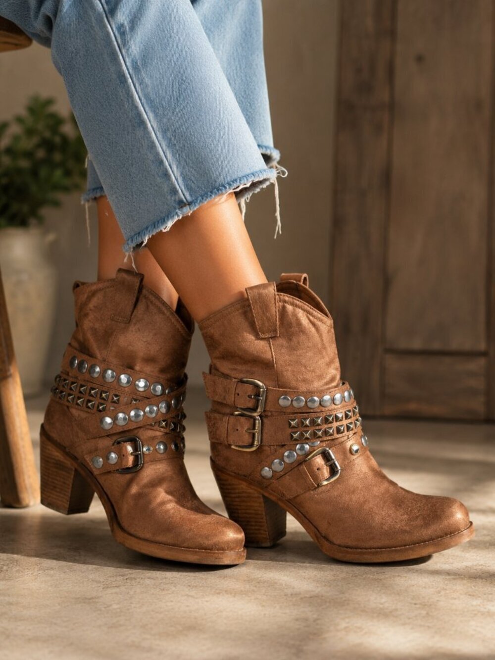Ash Ankle Boots Studded Textile Leather Tan Brown Women's 39/US 8